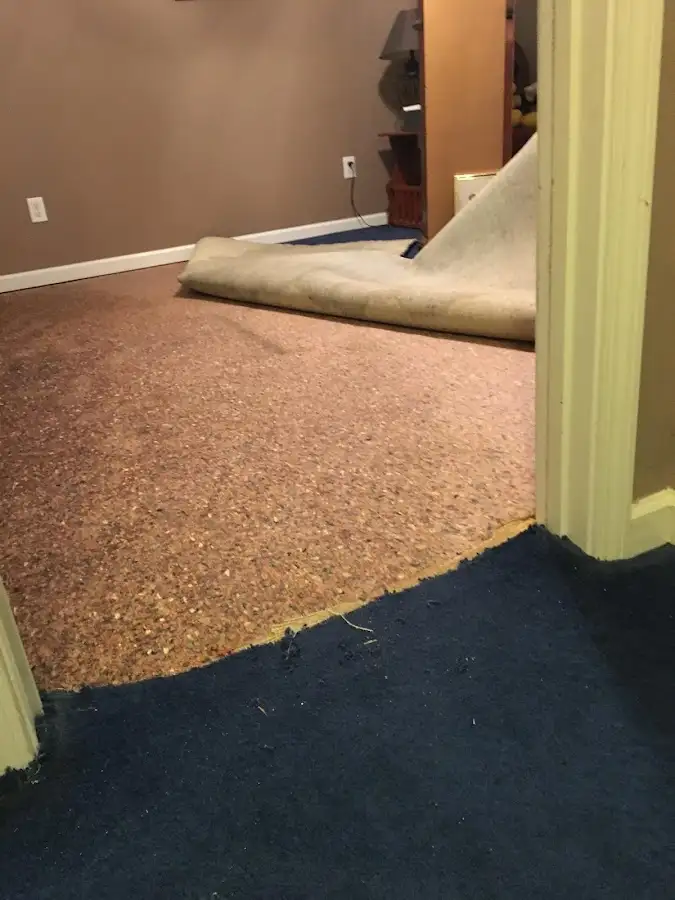 Carpet pad removal revealing water damage during Water Mitigation Services in Keizer